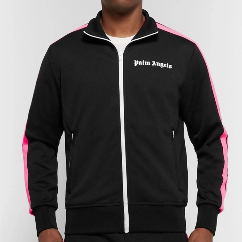 Palm Angels - Logo-Print Striped Track Jacket - Black with Pink Stripes. Large